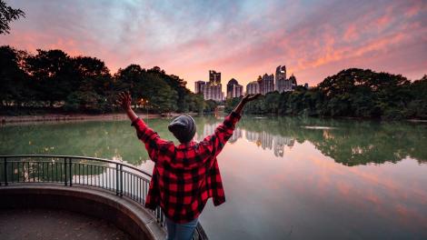 Posing in front of the Atlanta, Georgia, skyline