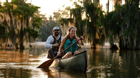 Kanutour unter Zypressen auf dem Lake Martin in der Nähe von Breaux Bridge, Louisiana
