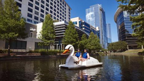 在德克萨斯州伍德兰的 Woodlands Waterway 河道中蹬天鹅船