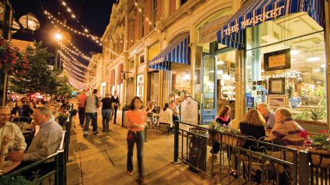 Patio dining under string lights in Larimer Square 