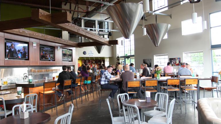 With light fixtures styled after fermenting tanks, Epic Brewing Company in Denver has the brews and décor beer drinkers will love. 