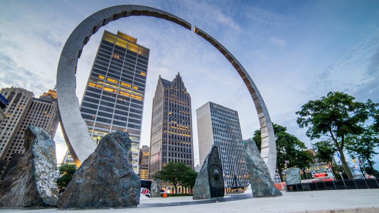 Public art installation "Transcending" at Hart Plaza in Detroit, Michigan