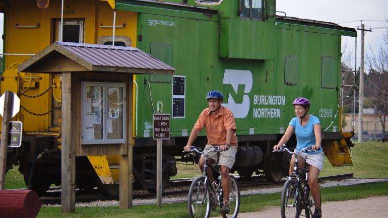 Ride alongside landmarks on the Mickelson Trail such as this historic railcar near Pringle.