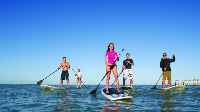 租一个立式桨板（SUP），随波荡漾在 Clam Pass Beach 海滩边的绿荫水面上。