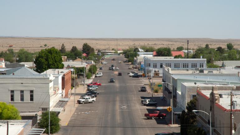 An aerial view of downtown Marfa