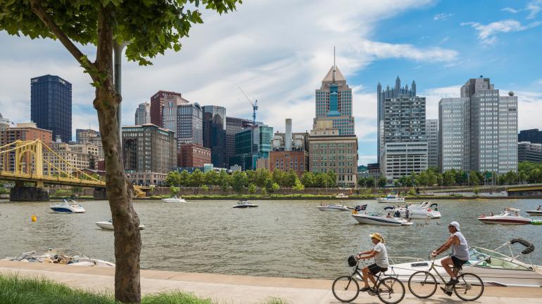 Cycling along the riverfront in Pittsburgh, Pennsylvania