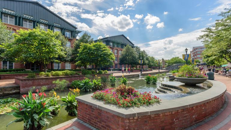 Installations fleuries du Carroll Creek Park dans le centre-ville de Frederick, Maryland