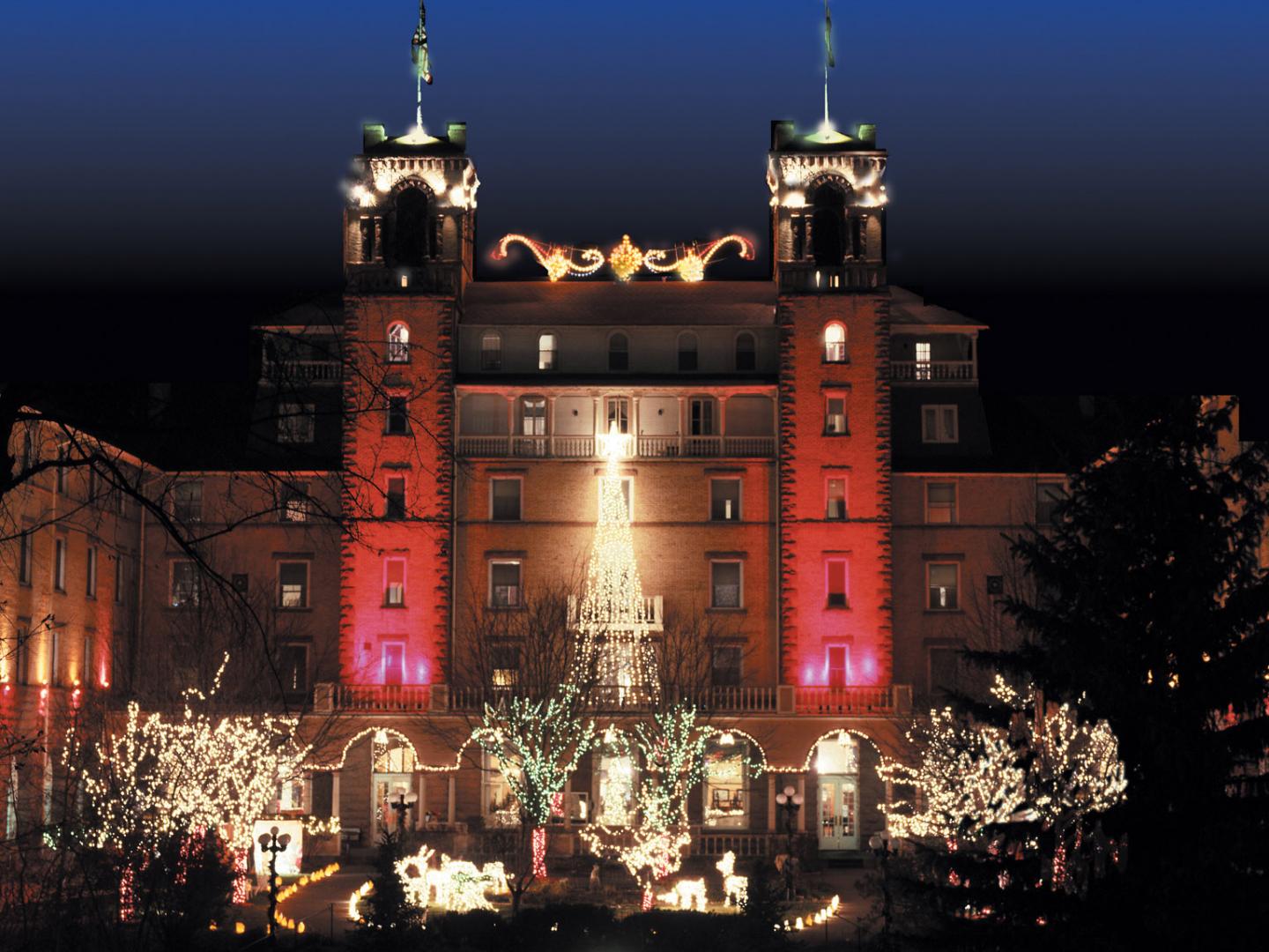 Holiday lights glowing at The Hotel Colorado in Glenwood Springs