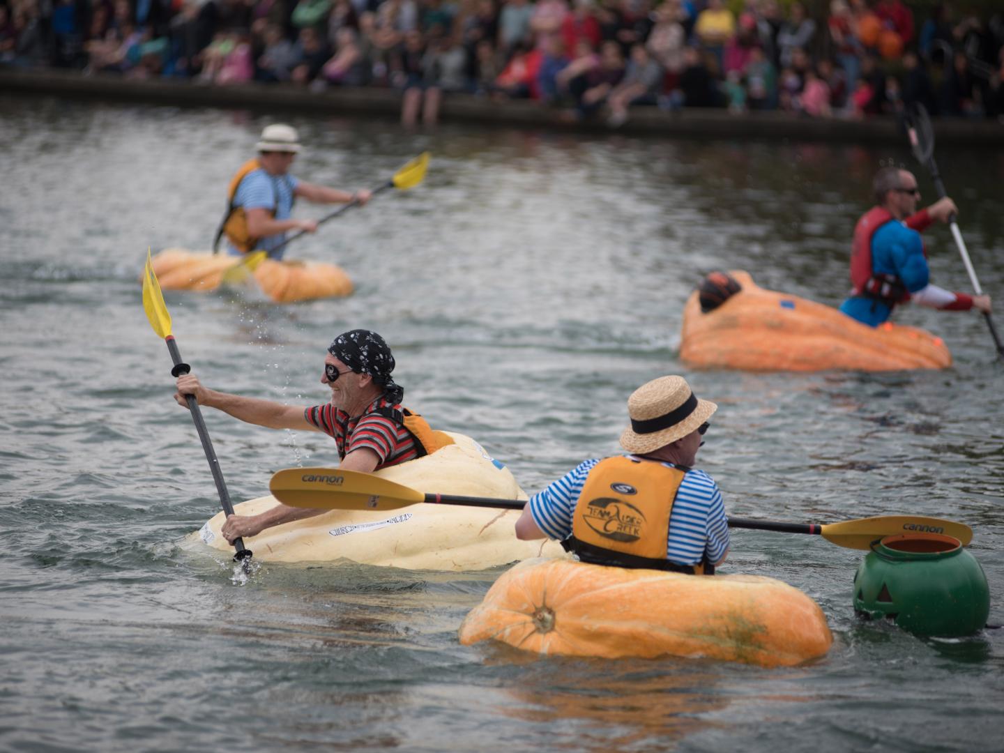 Participantes remando en calabazas durante la West Coast Giant Pumpkin Regatta en Tualatin, Oregón