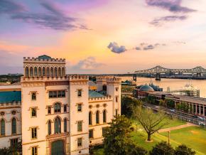 The Old State Capitol and Riverfront Plaza at sunset The Old State Capitol and Riverfront Plaza at sunset