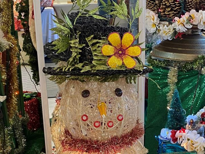 카우아이섬에서 열린 라이츠 온 라이스 퍼레이드에 전시된 눈사람 조명 장식