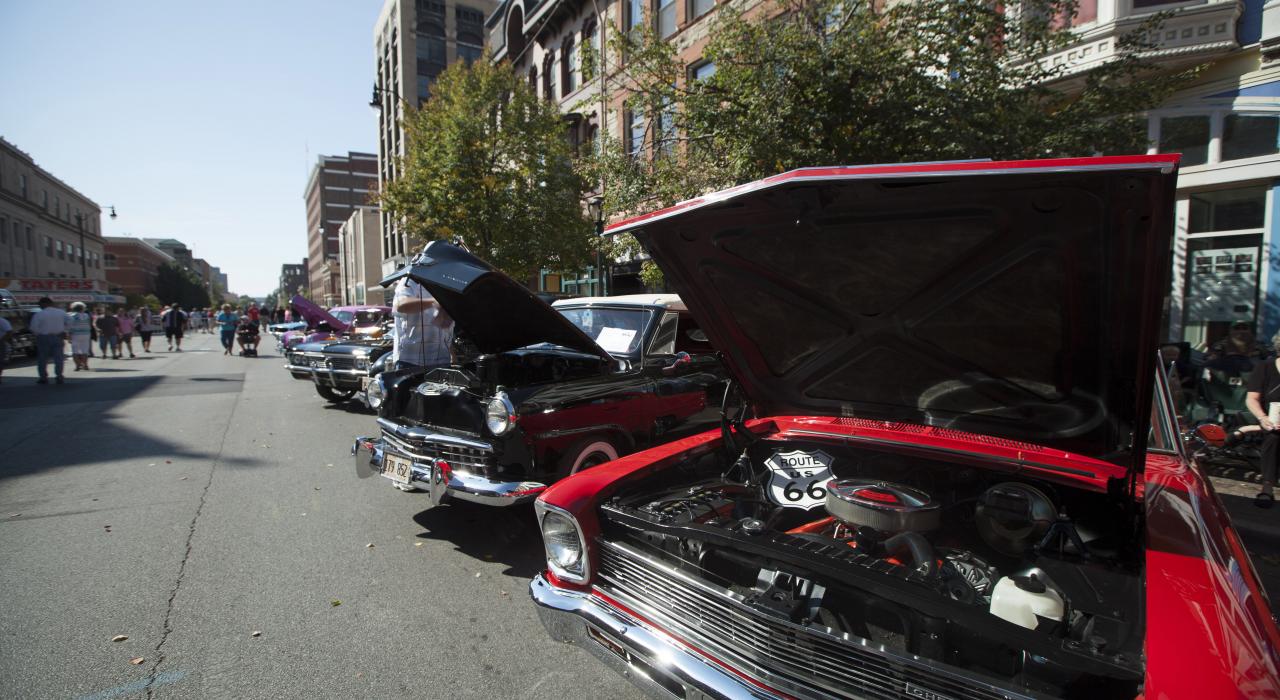 Route 66 Mother Road Festival with classic cars on display in Springfield, Illinois