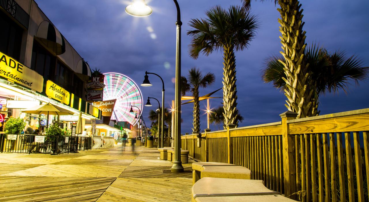 Nightlife, shopping and dining along the boardwalk in Myrtle Beach, South Carolina