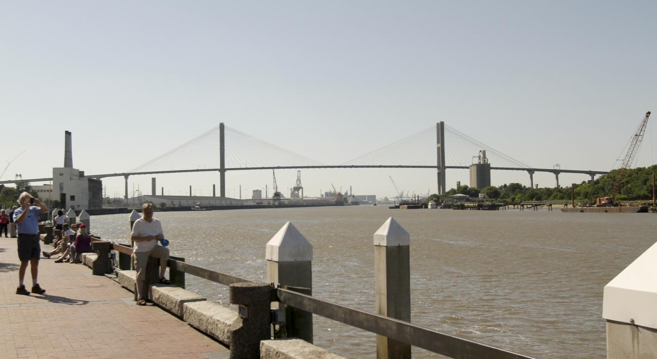 Tybee Island bridge and the riverfront in Savannah, Georgia
