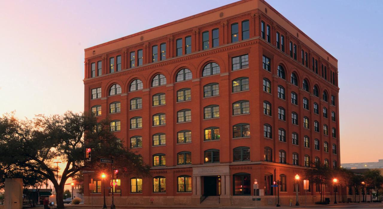 Dusk view of the Sixth Floor Museum in Dallas, Texas