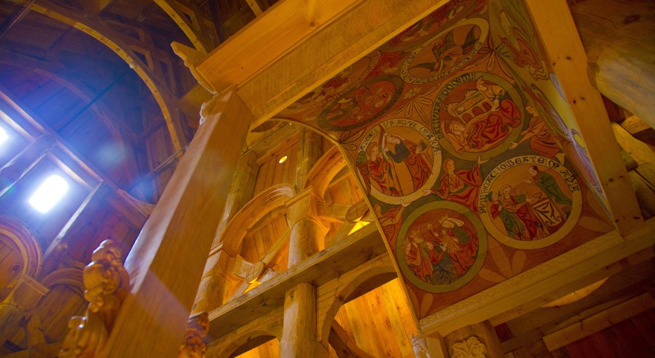 Wooden artworks in the Hopperstad Stave Church at the Hjemkomst Center in Moorhead
