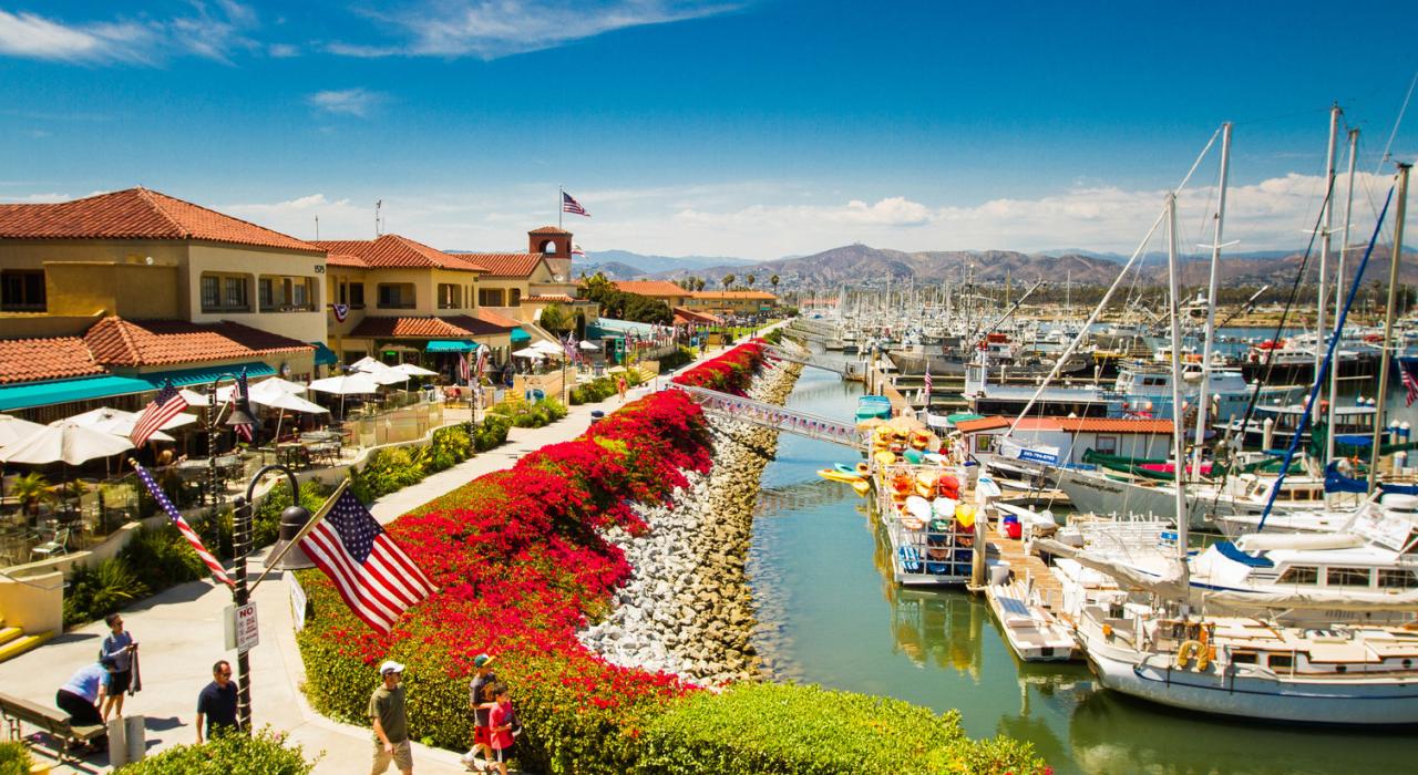 Afternoon sunshine descends on the marina at Ventura Harbor Village 