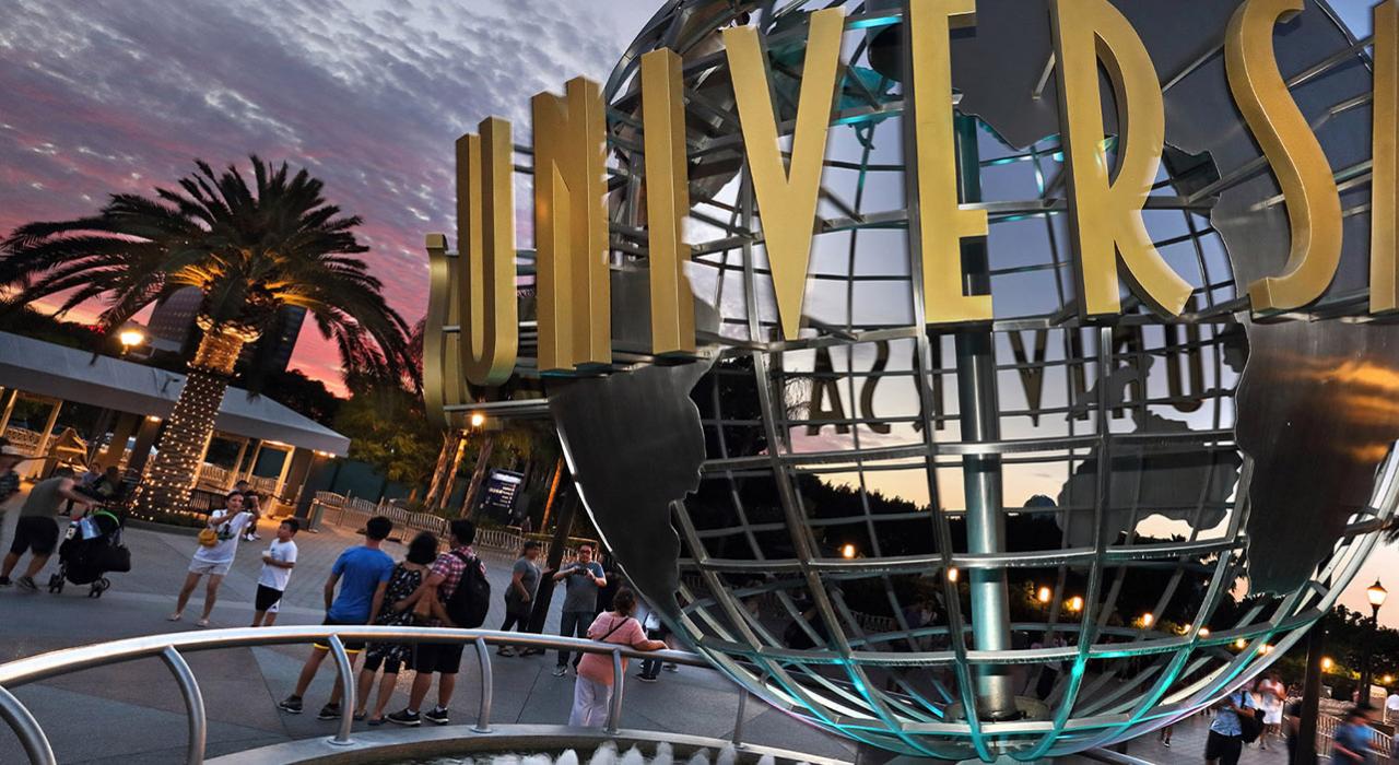 The iconic Universal Studios Hollywood globe at dusk